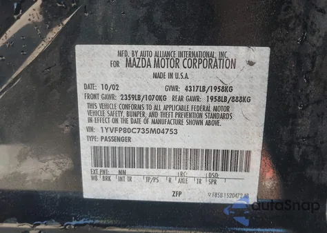 2003 Mazda Mazda6 I z USA, uszkodzony, nr VIN 1YVFP80C735M04753